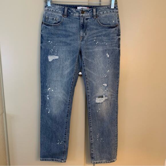 Cabi Womens Boyfriend Jeans Size 2 Distressed Straight Cropped Paint Splatter - Picture 11 of 16